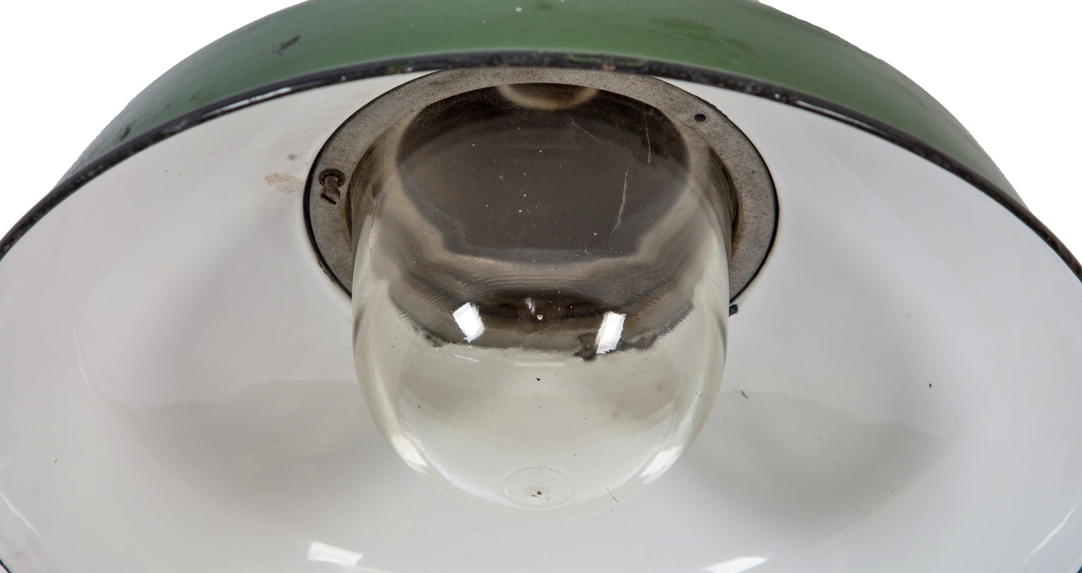 fully functional single green porcelain enameled explosion proof factory pendant light with intact impact resistant clear glass threaded end protective globe