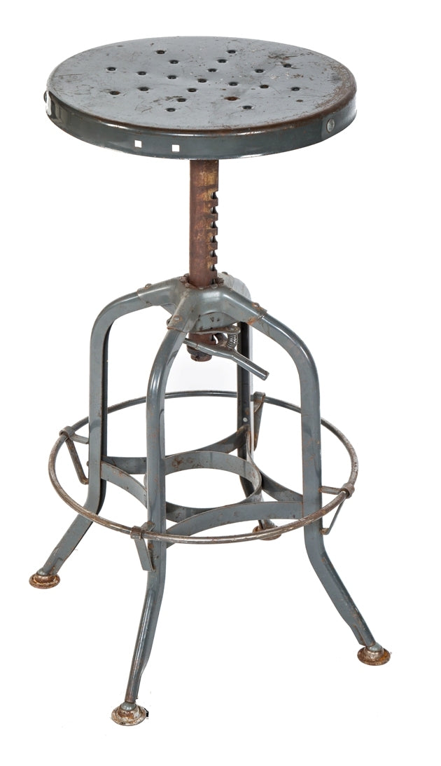 original and fully functional vintage american industrial adjustable height "uhl art steel" pressed and folded steel stool with bracketed heel ring