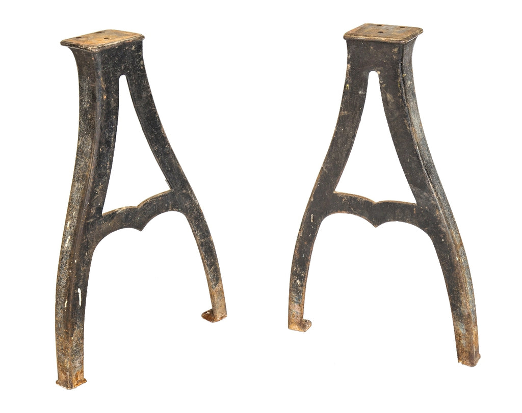 pair of original nicely worn and weathered early 20th century curvaceous cast iron salvaged chicago factory machine shop lathe legs or bases