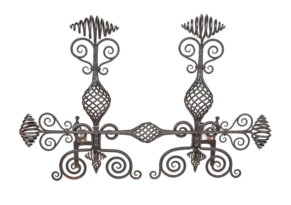 museum-quality all original late 19th century richardsonian romanesque style massive ornamental wrought iron residential or commercial building fireplace andirons