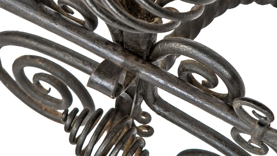 museum-quality all original late 19th century richardsonian romanesque style massive ornamental wrought iron residential or commercial building fireplace andirons