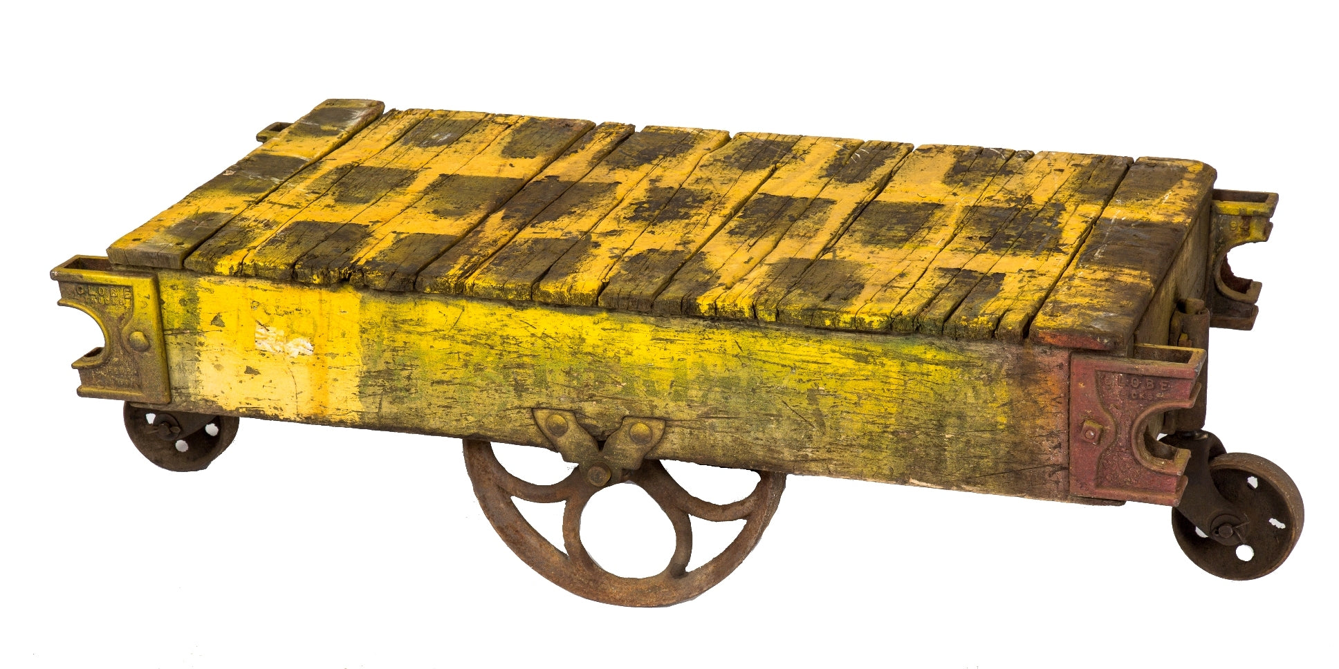 nicely weathered and worn vintage american industrial "globe" salvaged chicago factory mobile wood cart or truck with oversized cast iron wheels