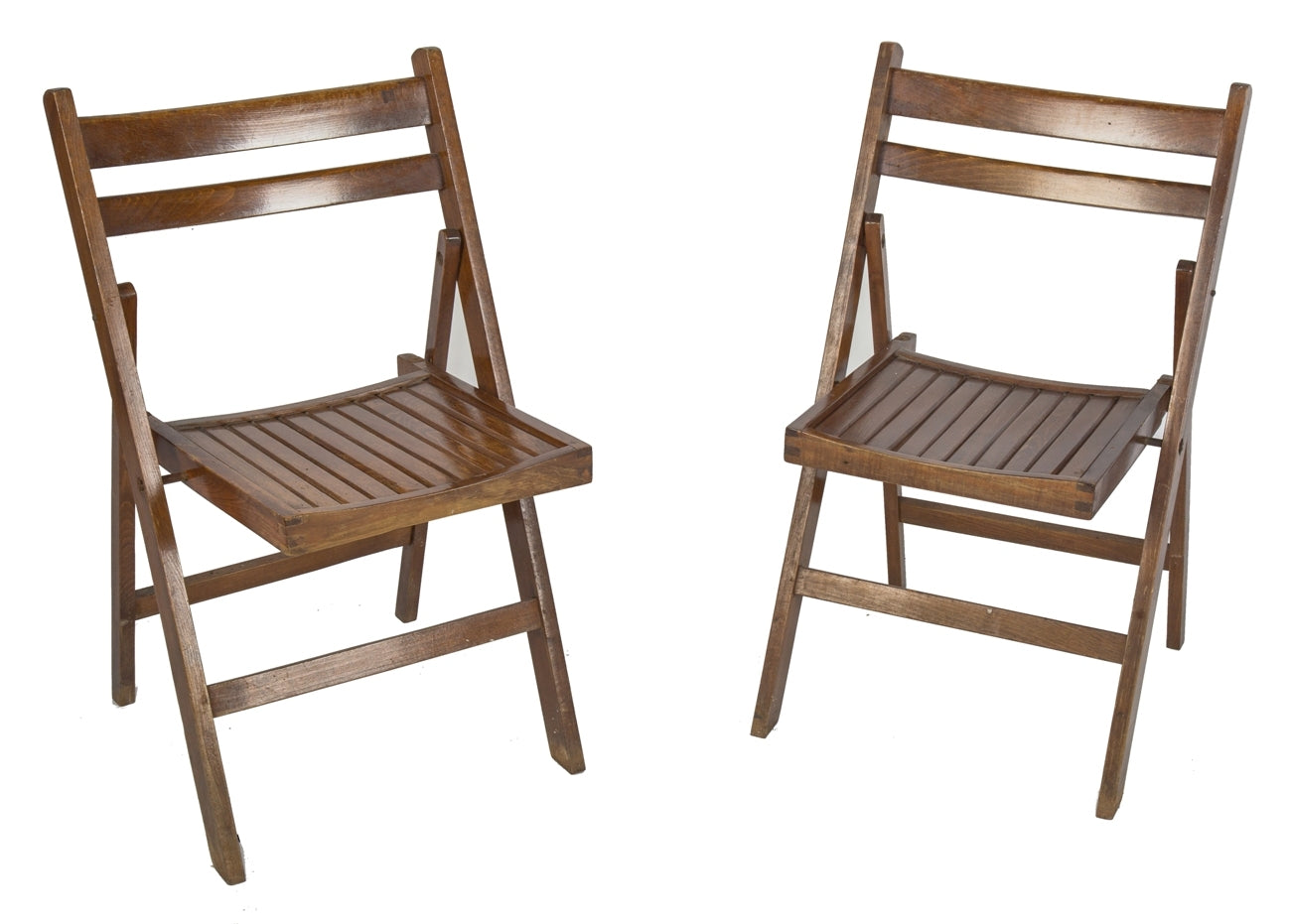 two matching original  c. 1920's antique american industrial solid maple wood chicago hotel ballroom folding chairs with uniform stained finish