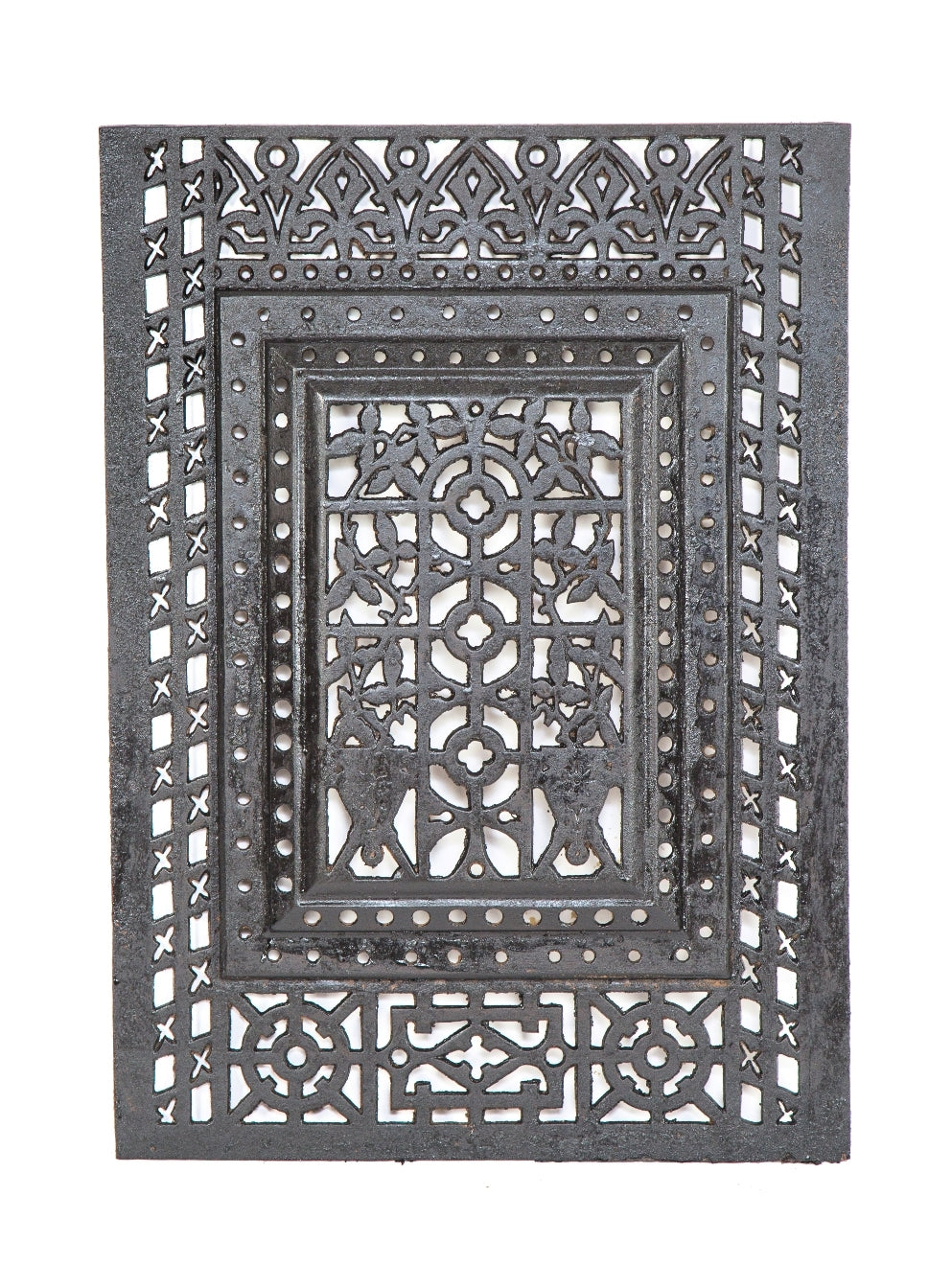19th century antique american ornamental cast iron eastlake style interior residential fireplace summer cover or grille with largely uniform black enameled finish
