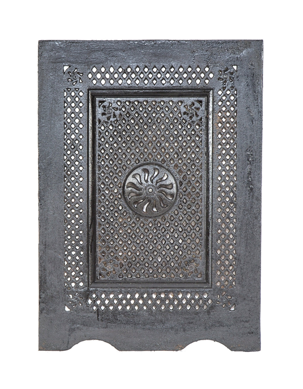 19th century antique american architectural ornamental cast iron interior residential fireplace summer cover with centrally located removable grille