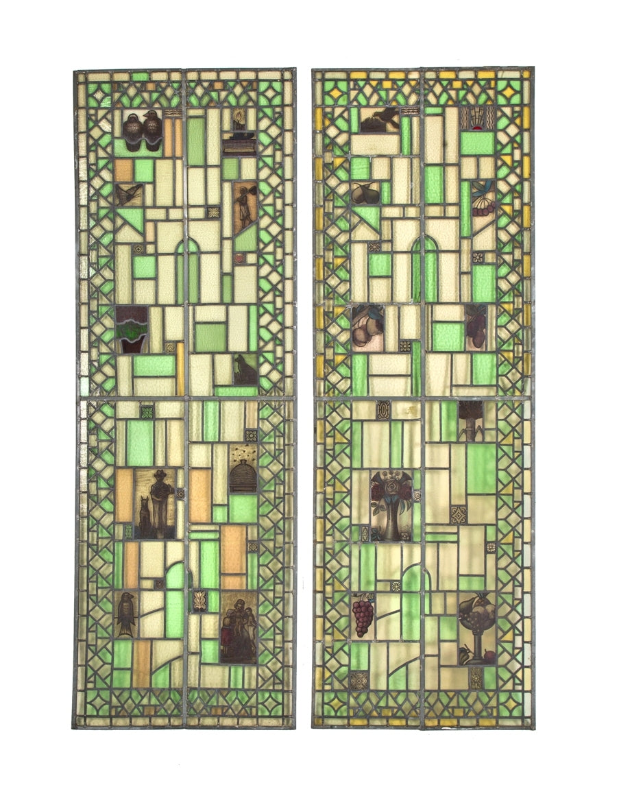 two oversized early 20th century museum quality howard van doren shaw residential stained glass windows accentuated with fire enameled glass emblematic panels