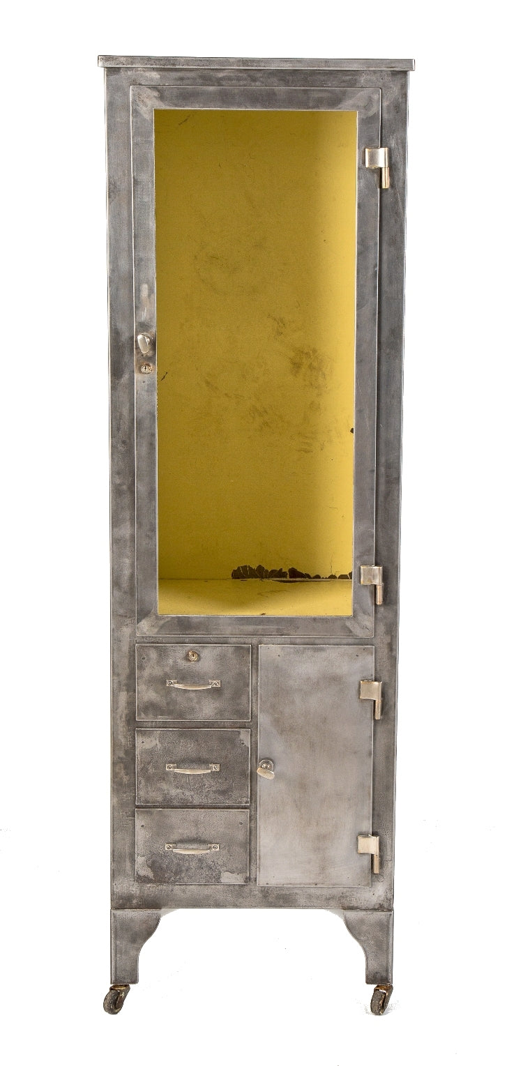 early 20th century chicago cook county hospital operating theater surgical four-legged instrument cabinet with clear glass hinged door and cabriole style legs