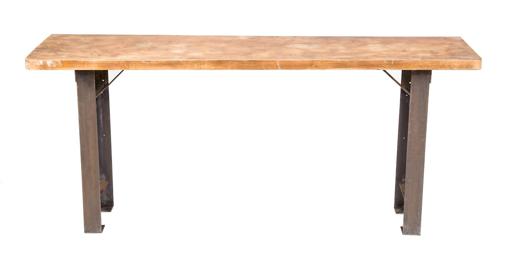 c. 1940's vintage american industrial four-legged salvaged chicago factory machine shop long and narrow side table with original rock hard maple wood tabletop