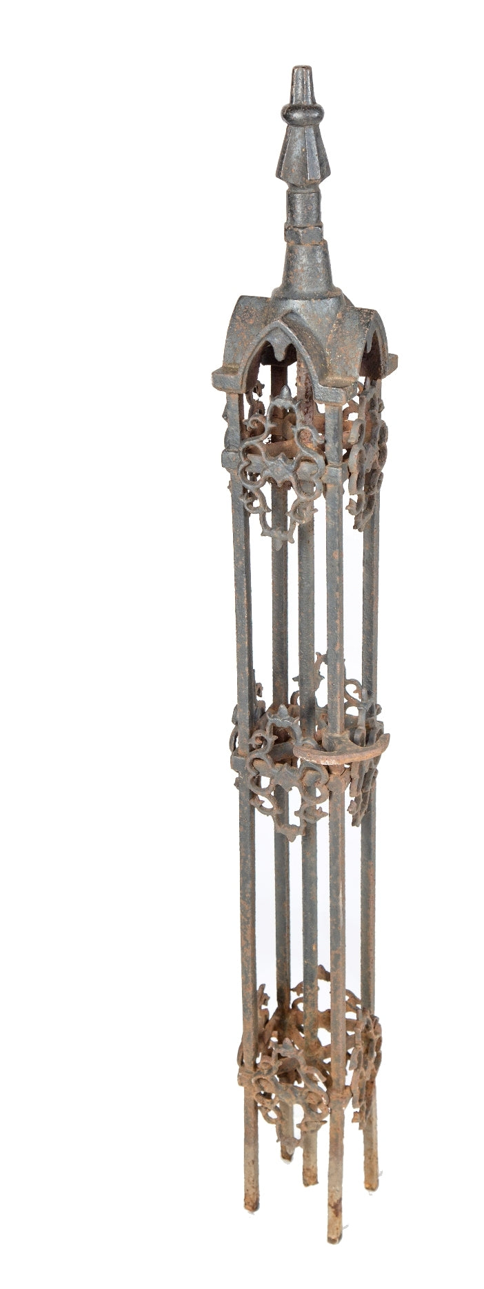 one of two original late 19th century antique american victorian era ornamental cast iron exterior residential newel posts with distinctive design