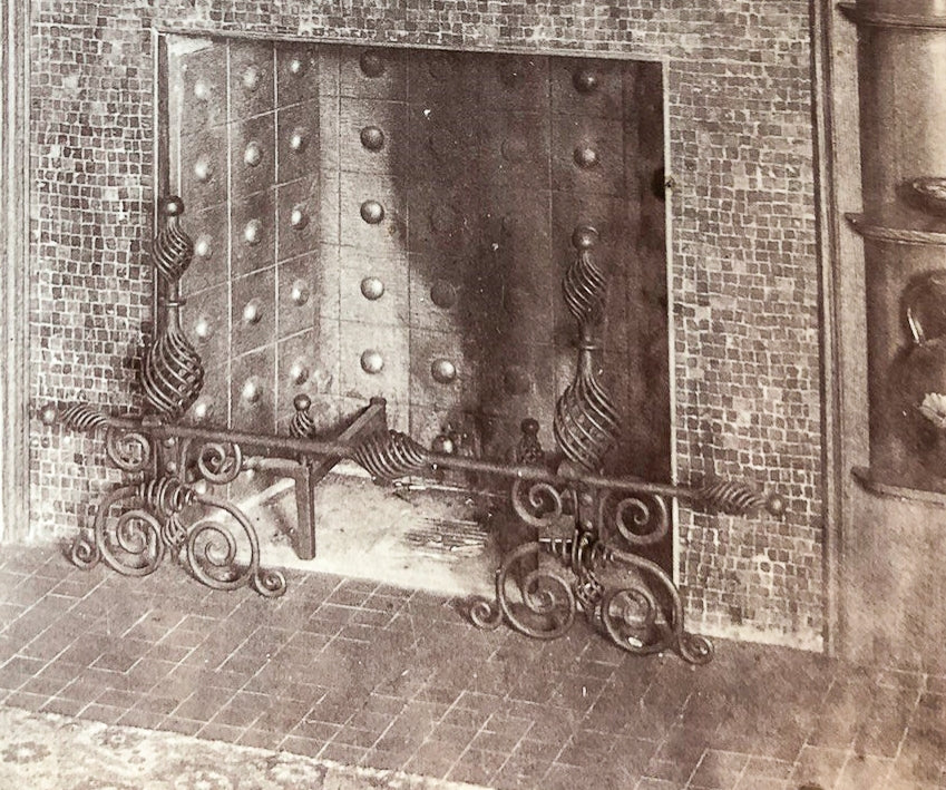 museum-quality all original late 19th century richardsonian romanesque style massive ornamental wrought iron residential or commercial building fireplace andirons