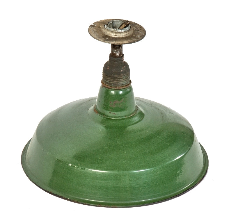 original antique american industrial single green porcelain enameled cold-rolled iron pendant light fixture with nicely aged copper socket housing