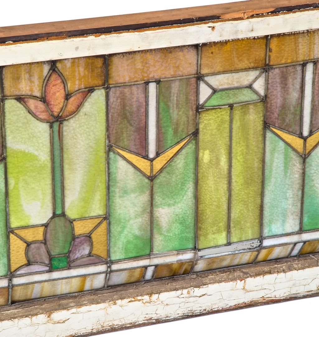 early 20th century antique american salvaged chicago prairie school style richly colored residential stained glass transom window with original pine wood sash frame