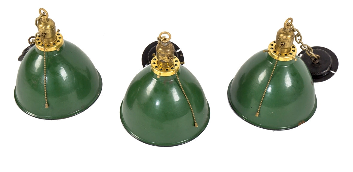 three matching c. 1930's antique american industrial green porcelain enameled deep bowl reflector pendant light fixtures with chain and black enameled canopies