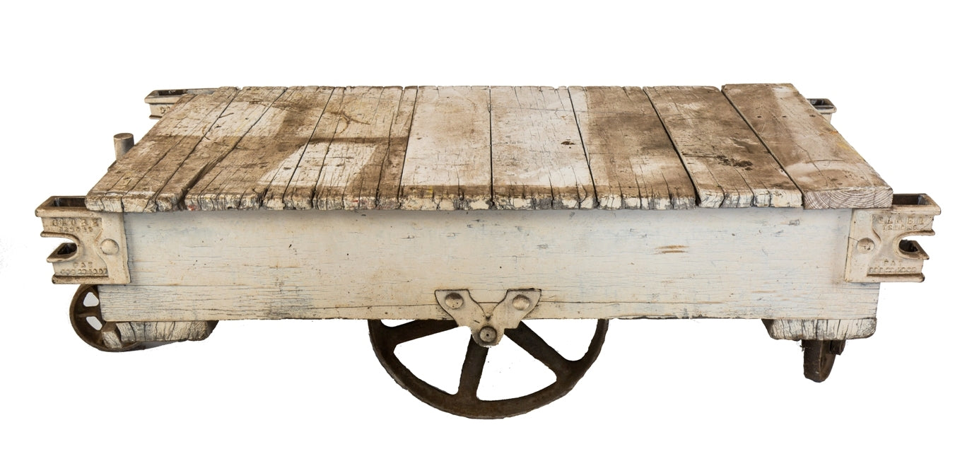 structurally sound and stable antique american industrial "globe" brand factory machine shop mobile painted wood cart with fully functional cast iron swivel and stationary casters