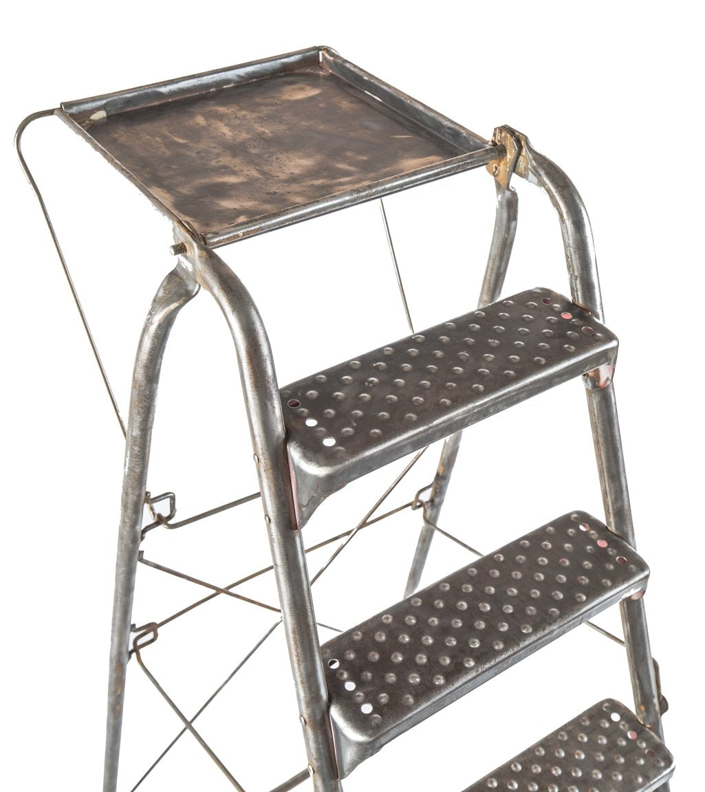 american depression era antique industrial reinforced tubular brushed metal collapsible ladder with riveted joint rungs or steps and oversized raised edge tray