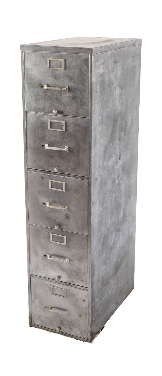 brushed bare metal c. 1950's vintage american industrial 4-drawer heavy gauge factory office filing cabinet with original  aluminum handles and placard holders
