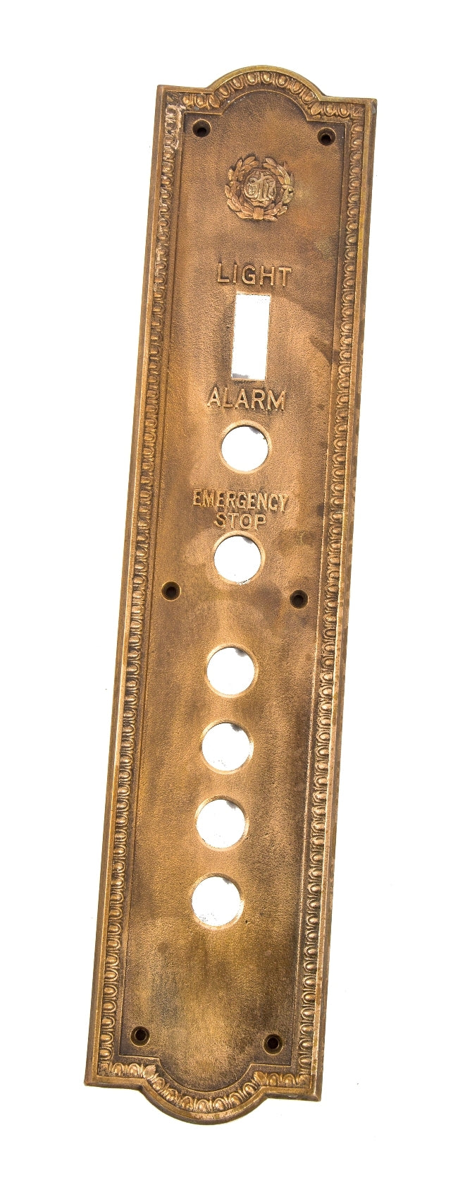 original c. 1920's antique american salvaged chicago ornamental cast bronze drake hotel interior lobby elevator cab push button backplate with egg & dark border