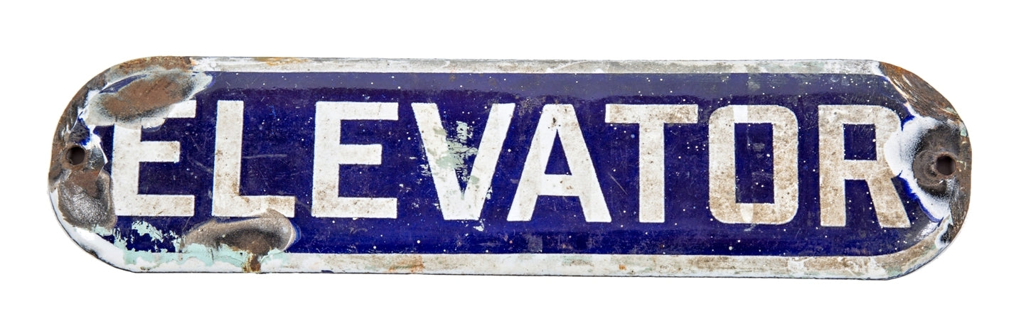 hard to find early 20th century antique american architectural commercial building "elevator" cobalt blue porcelain enameled rounded edge sign with bold white lettering