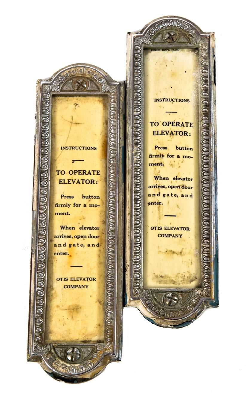 matching set of original early 20th century chrome-plated cast ornamental bronze otis elevator instructional plaques with egg and dart borders