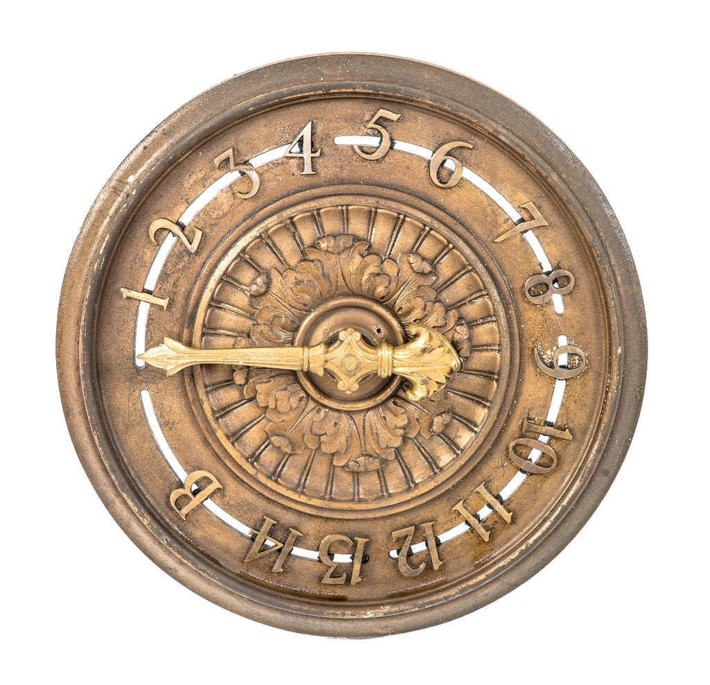 one of two matching ornamental plated iron late 19th century salvaged philadelphia united gas improvement company building interior lobby elevator floor indicator with brass arrow