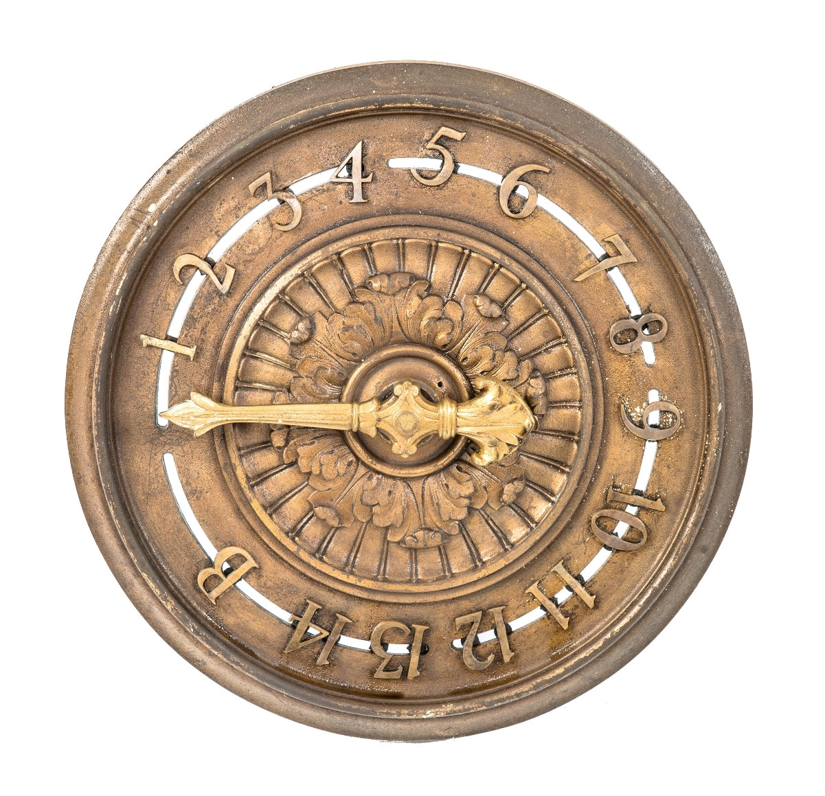 one of two matching ornamental plated iron late 19th century salvaged philadelphia united gas improvement company building interior lobby elevator floor indicator with brass arrow