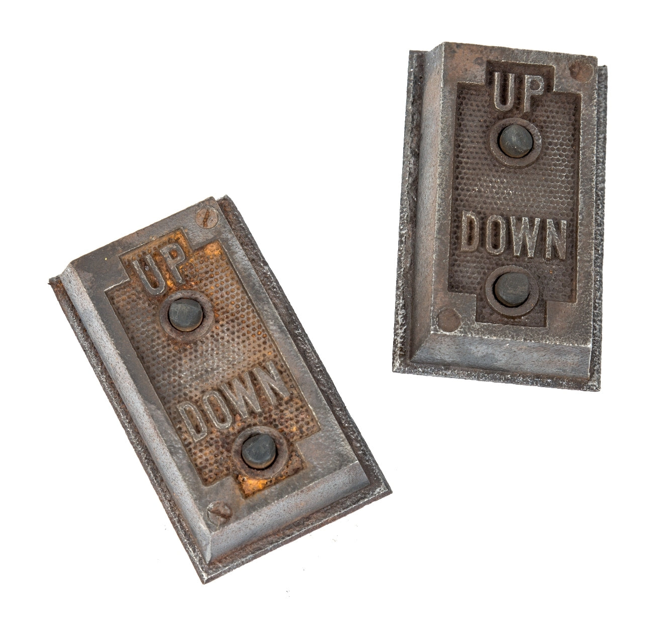 Single original c. 1920's antique american industrial refinished cast iron elevator directional "up" and "down" factory freight elevator cab or car call push button