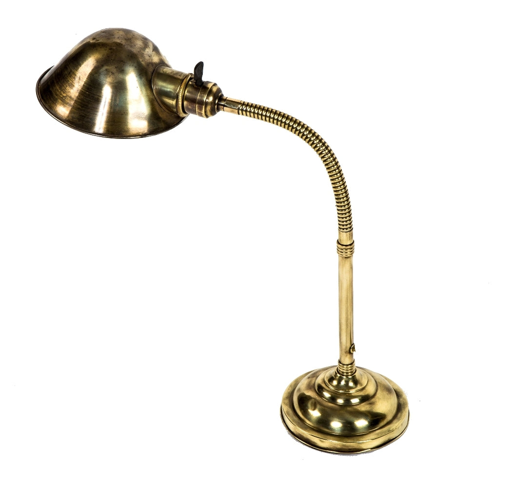 restored and rewired early 20th century antique american yellow brass faries desk or table lamp with original rolled rim parabolic shade and gooseneck arm