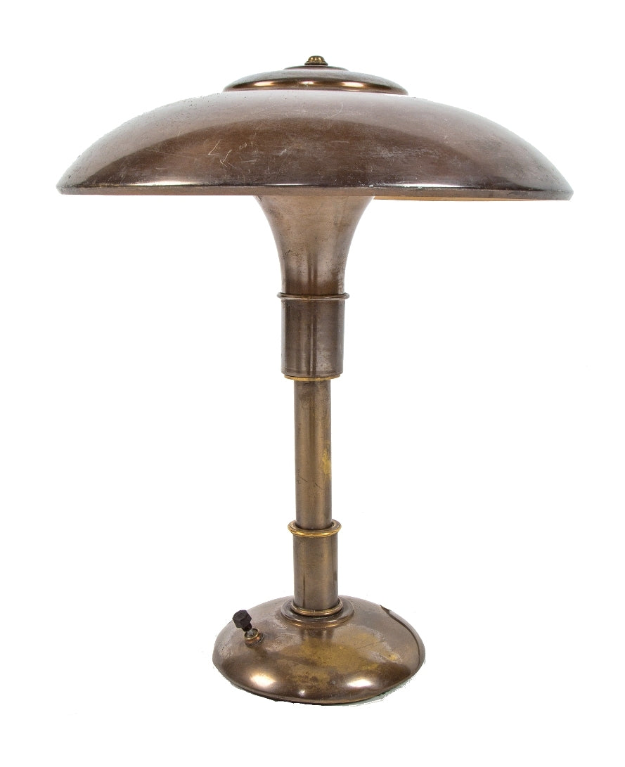 fully functional c. 1930's american depression era art deco streamlined style faries table or desk lamp with original "normandy bronze" finish over brass