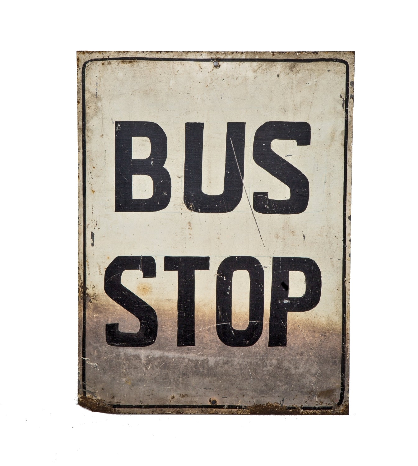 vintage single-sided stamped enameled steel city of chicago "bus stop" city street sign with nicely weathered surface patina and bold black lettering