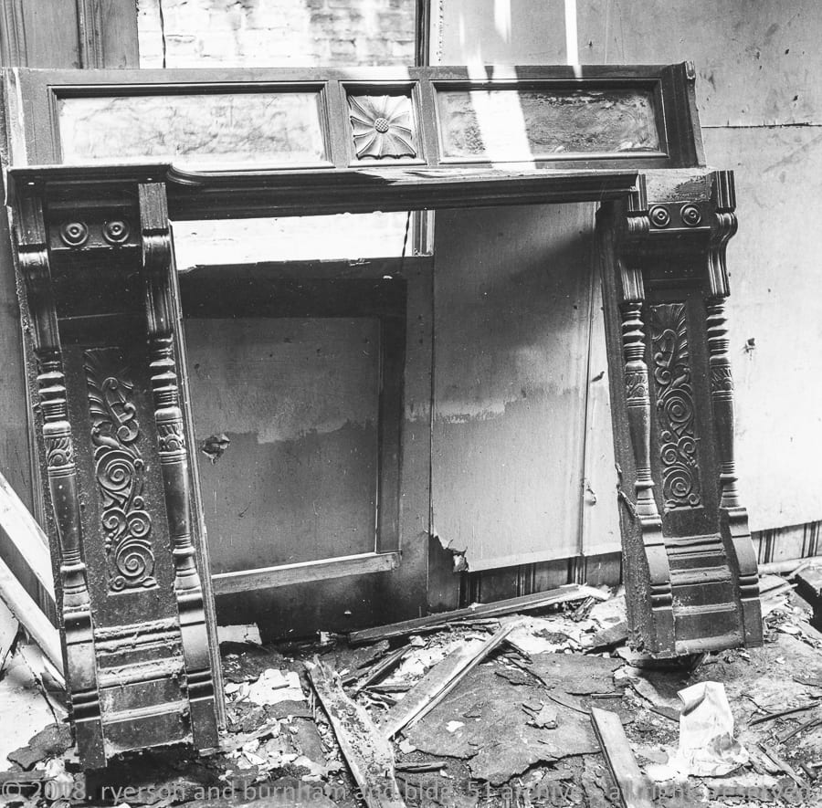 original hand-carved butternut wood fireplace panel salvaged from adler and sullivan's 1885-86 abraham kohn residence