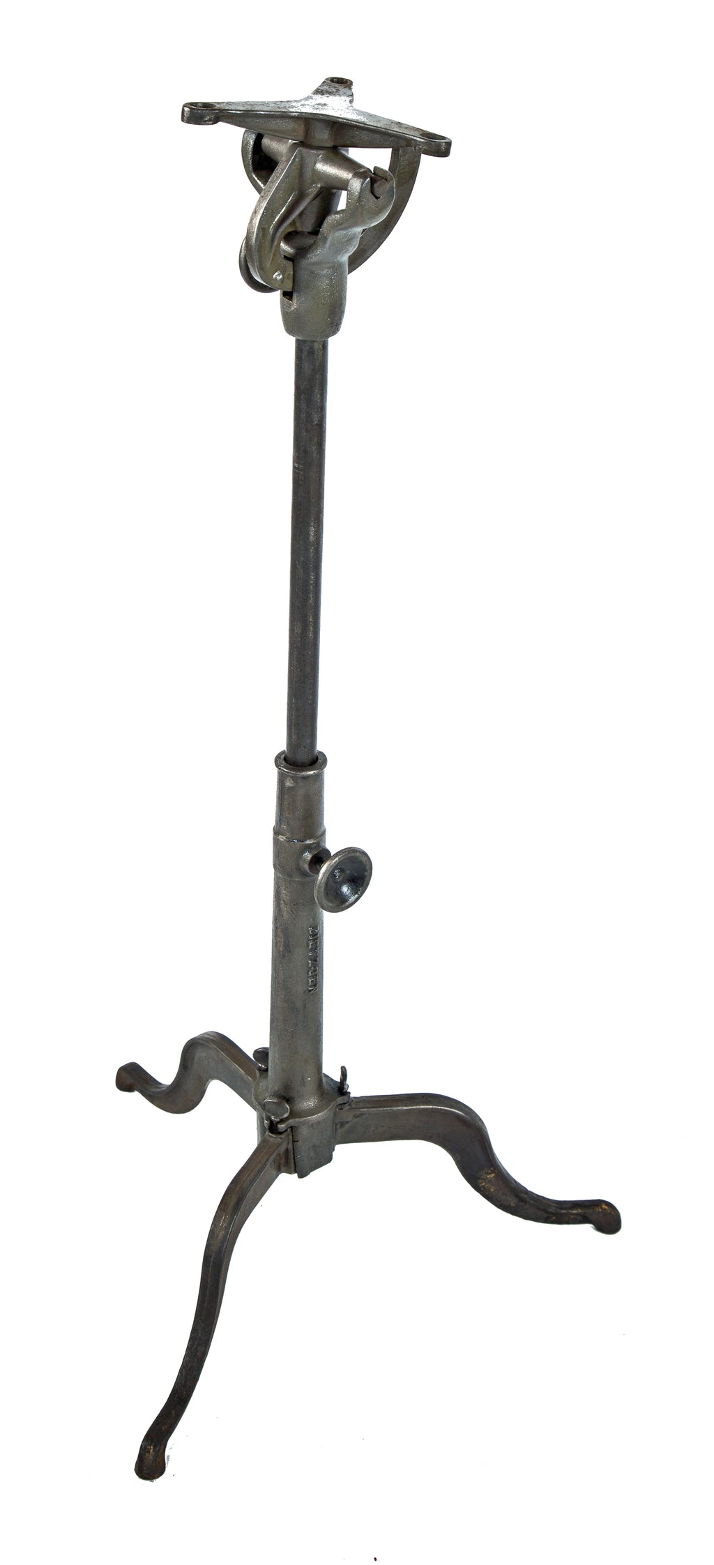 hard to find and highly sought after original and intact brushed cast iron three-legged drafting table or drawing board base with adjustable height telescoping post