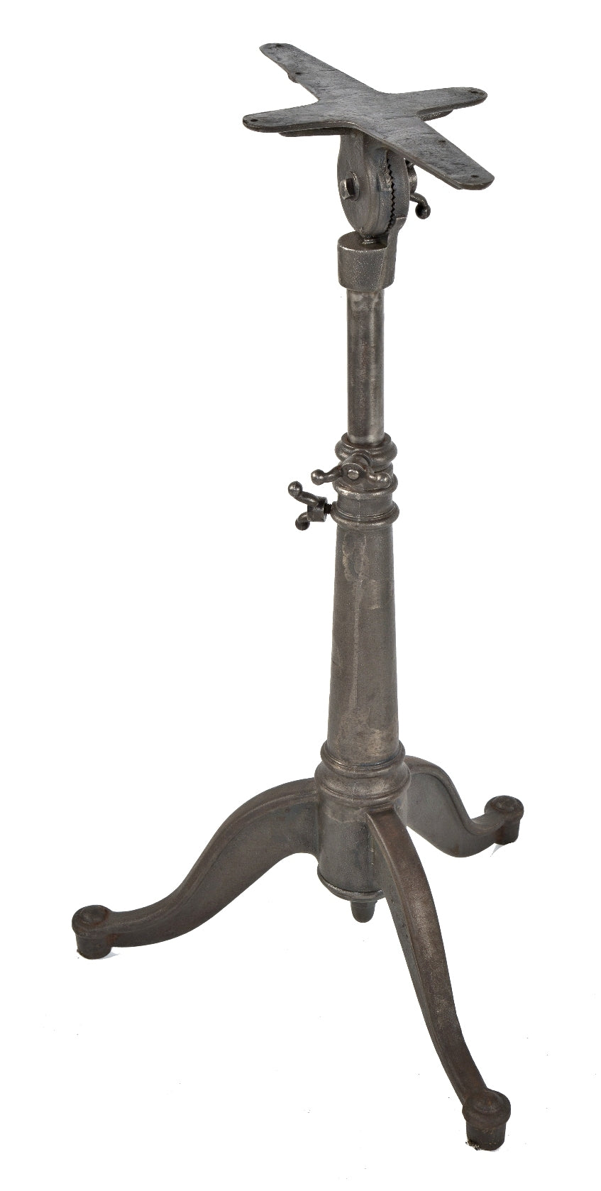 original early 20th century antique american architectural dietzgen stationary three-legged drafting table base with uniform brushed metal finish