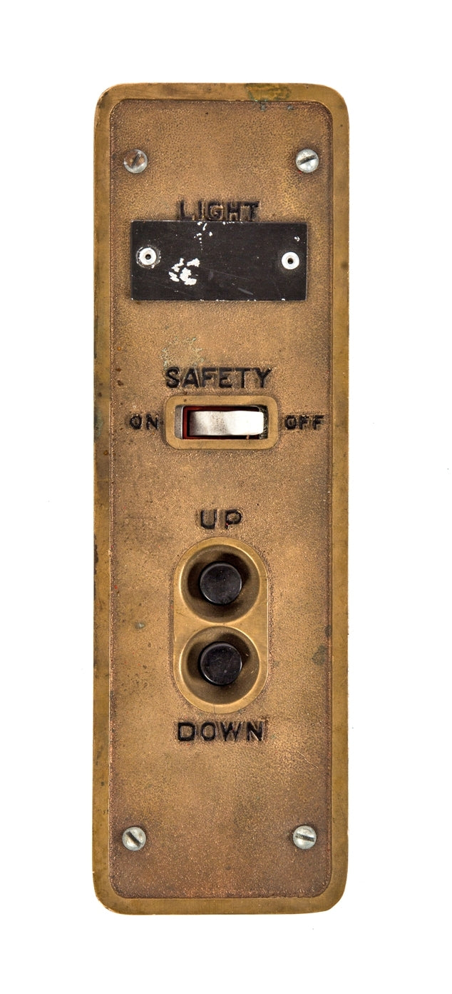 c. 1920's american salvaged chicago factory freight elevator heavy cast bronze cab or call push button box enclosed in a steel case