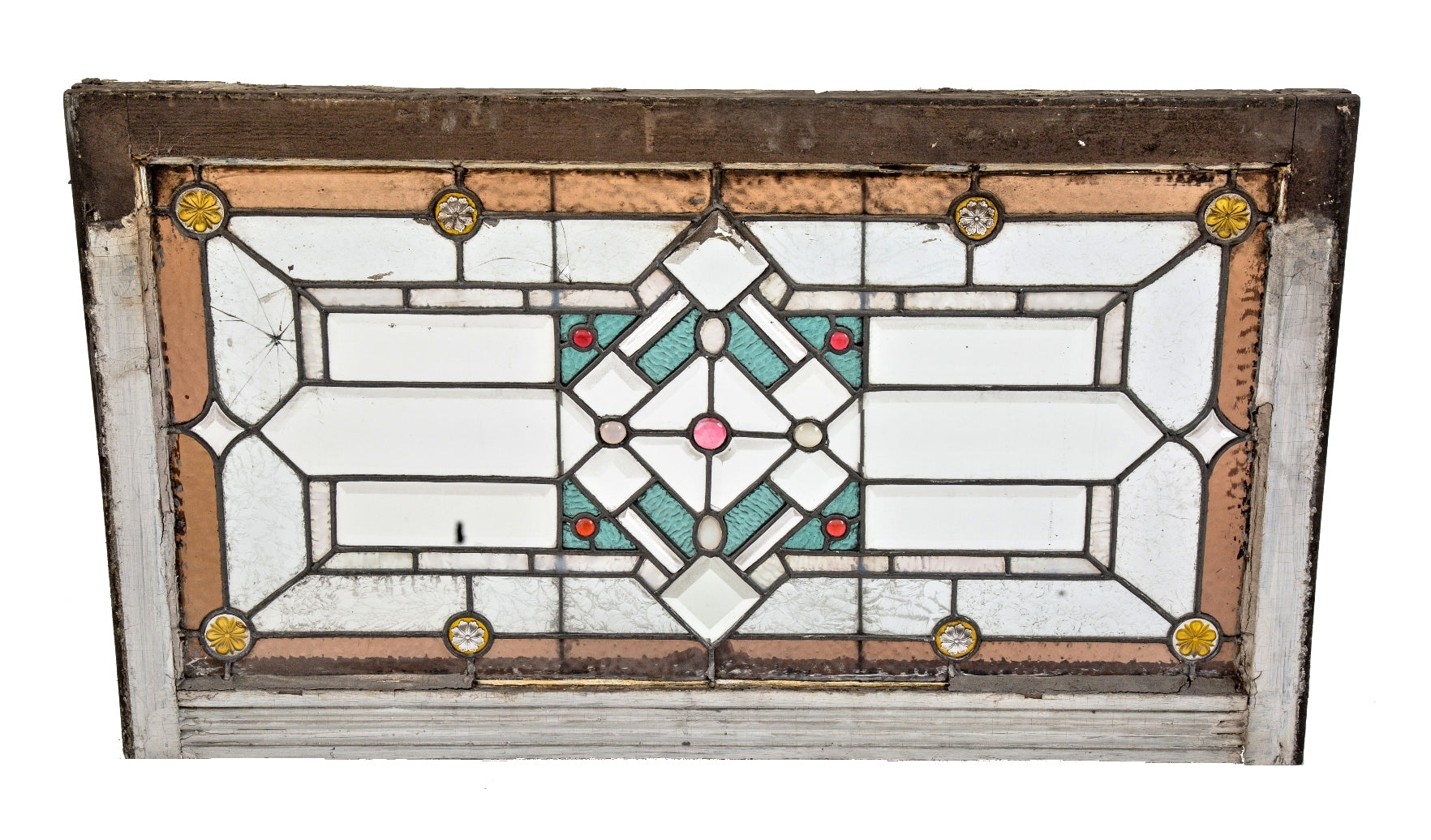 largely intact late 19th century original salvaged chicago architectural leaded art glass residential transom window with beveled glass, jewels, and rare pressed glass rosettes