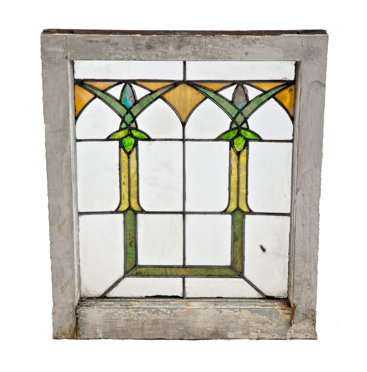 all original and completely intact early 20th century chicago prairie style interior residential architectural leaded glass window with colorful art glass abstract floral motifs