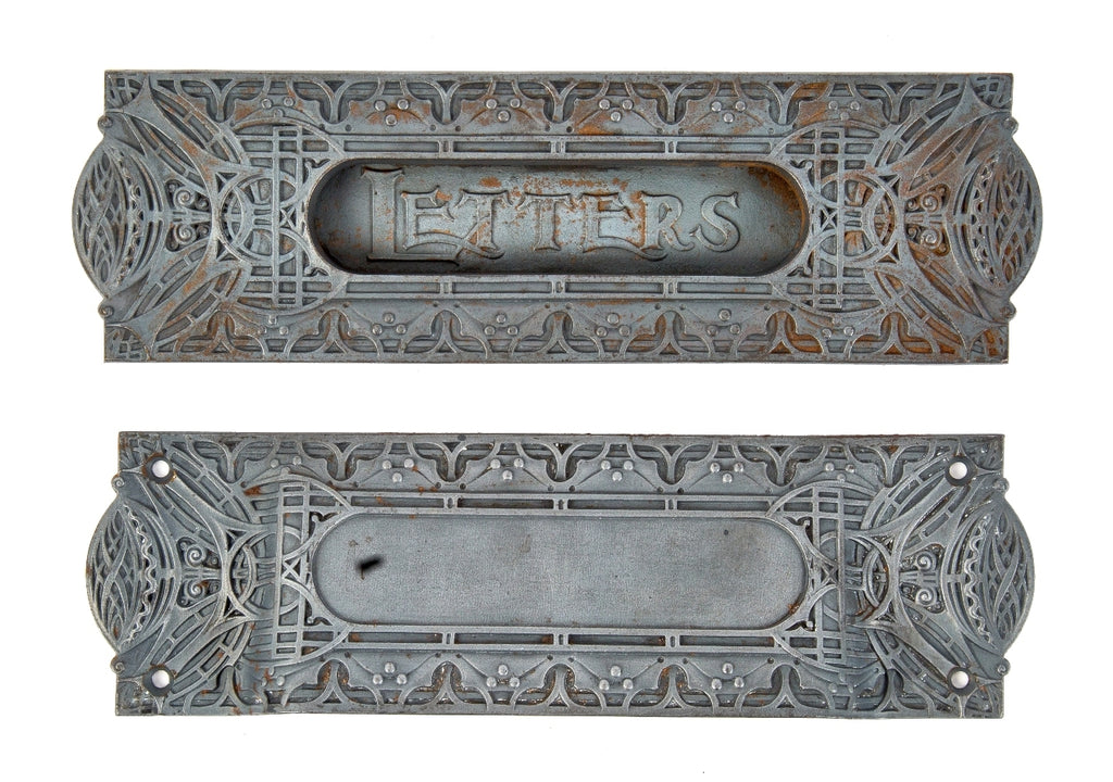 rare museum quality ornamental cast iron louis sullivan-designed guaranty or prudential building interior office door "letters" slot and matching chute with bower-barff finish
