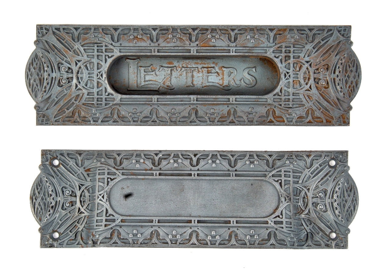 rare museum quality ornamental cast iron louis sullivan-designed guaranty or prudential building interior office door "letters" slot and matching chute with bower-barff finish