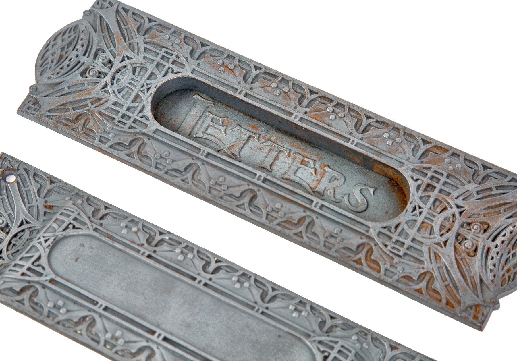 rare museum quality ornamental cast iron louis sullivan-designed guaranty or prudential building interior office door "letters" slot and matching chute with bower-barff finish