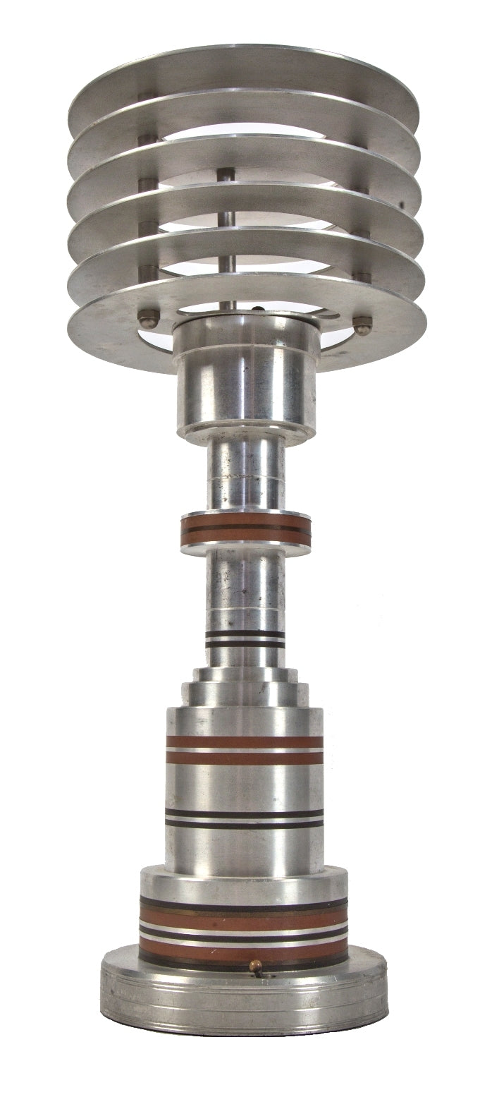 original highly sought after iconic american art deco machine age c. 1930's walter von nessen spun aluminum and bakelite table or desk lamp