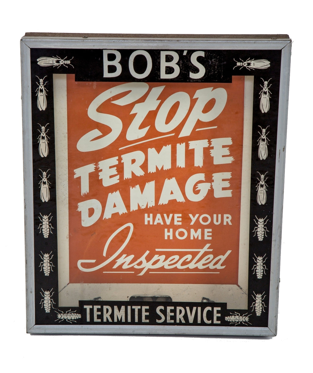 fully functional antique american depression era c. 1930's bug exterminator storefront illuminated neon tube encased advertising sign with distinctive graphics