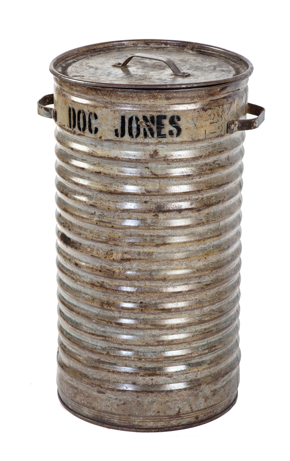 lightly cleaned and sealed american industrial "doc jones" reinforced ribbed steel factory trash can later used as a bird seed barrel for a local veterinarian clinic