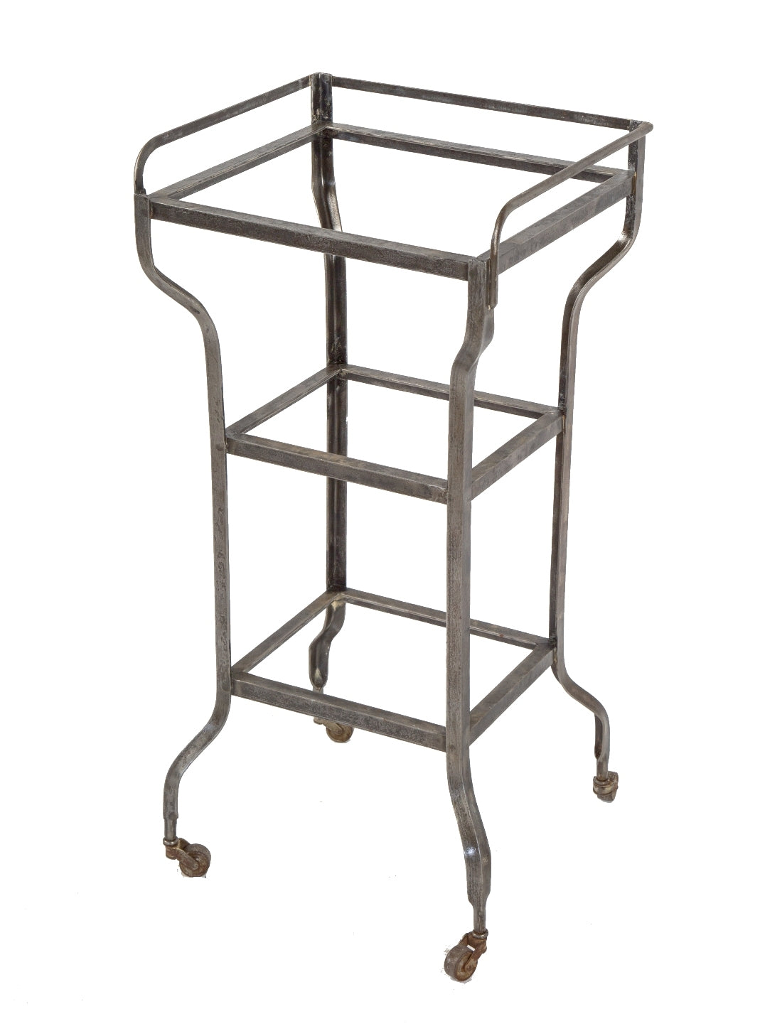 fully functional three-tier brushed metal antique american medical mobile hospital operating room cart or supply stand with intact swivel casters and glass plate shelves