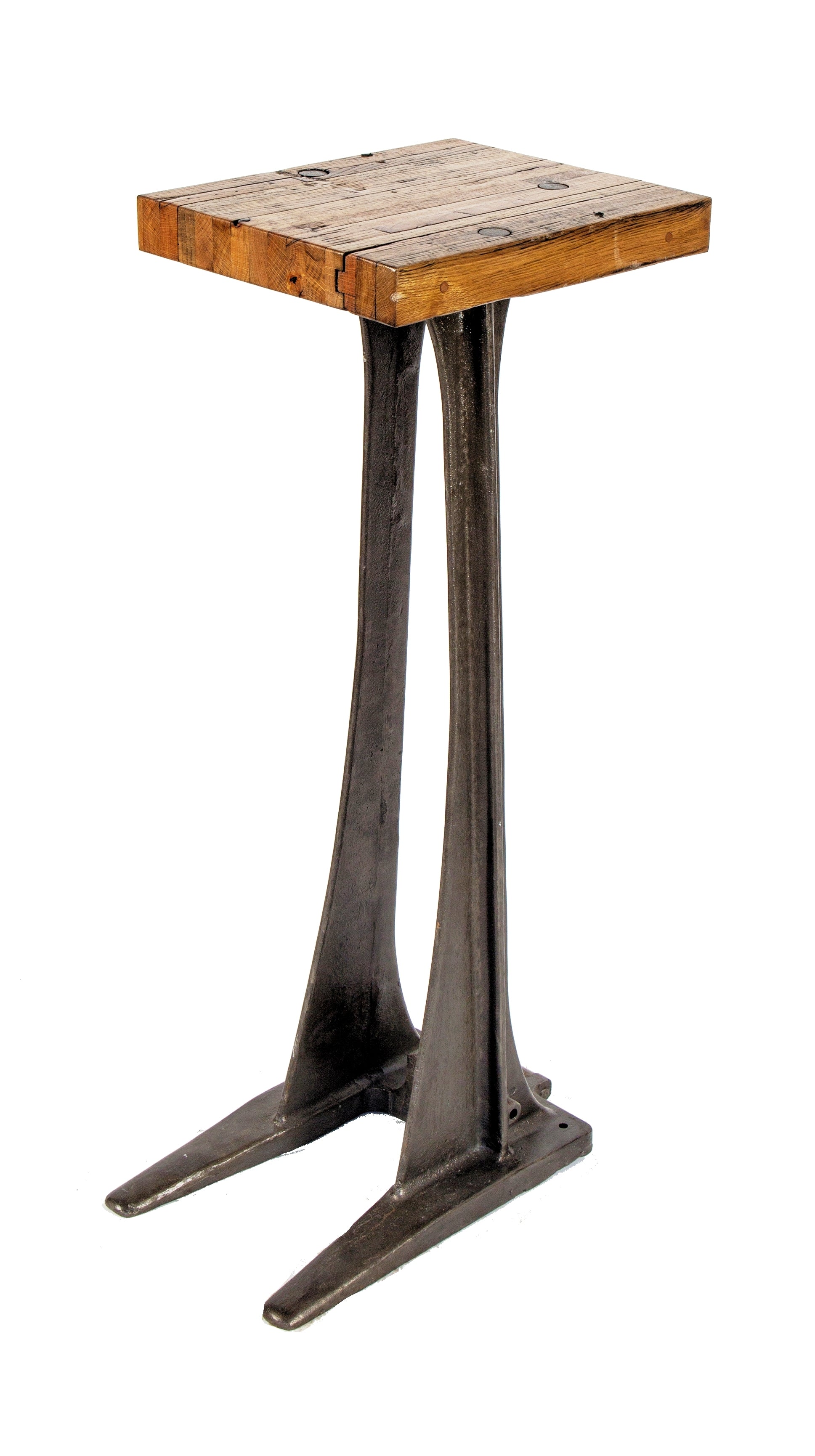 repurposed vintage american industrial freestanding brushed cast iron machine shop stand with newly added solid oak wood tabletop