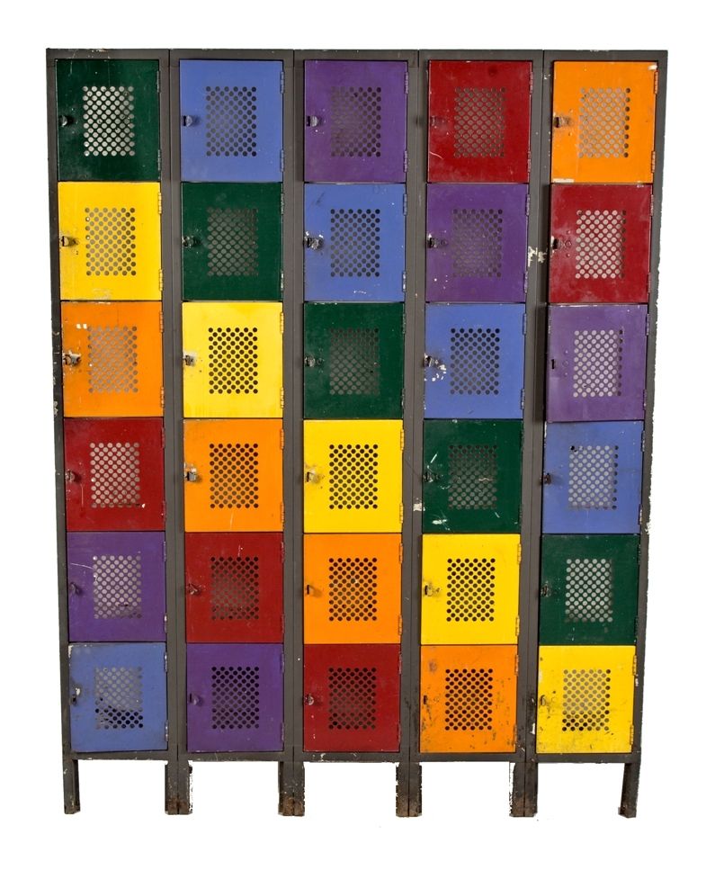 c. 1950's american industrial 30-unit compartmentalized cold-rolled steel freestanding locker with uniquely colored painted finish