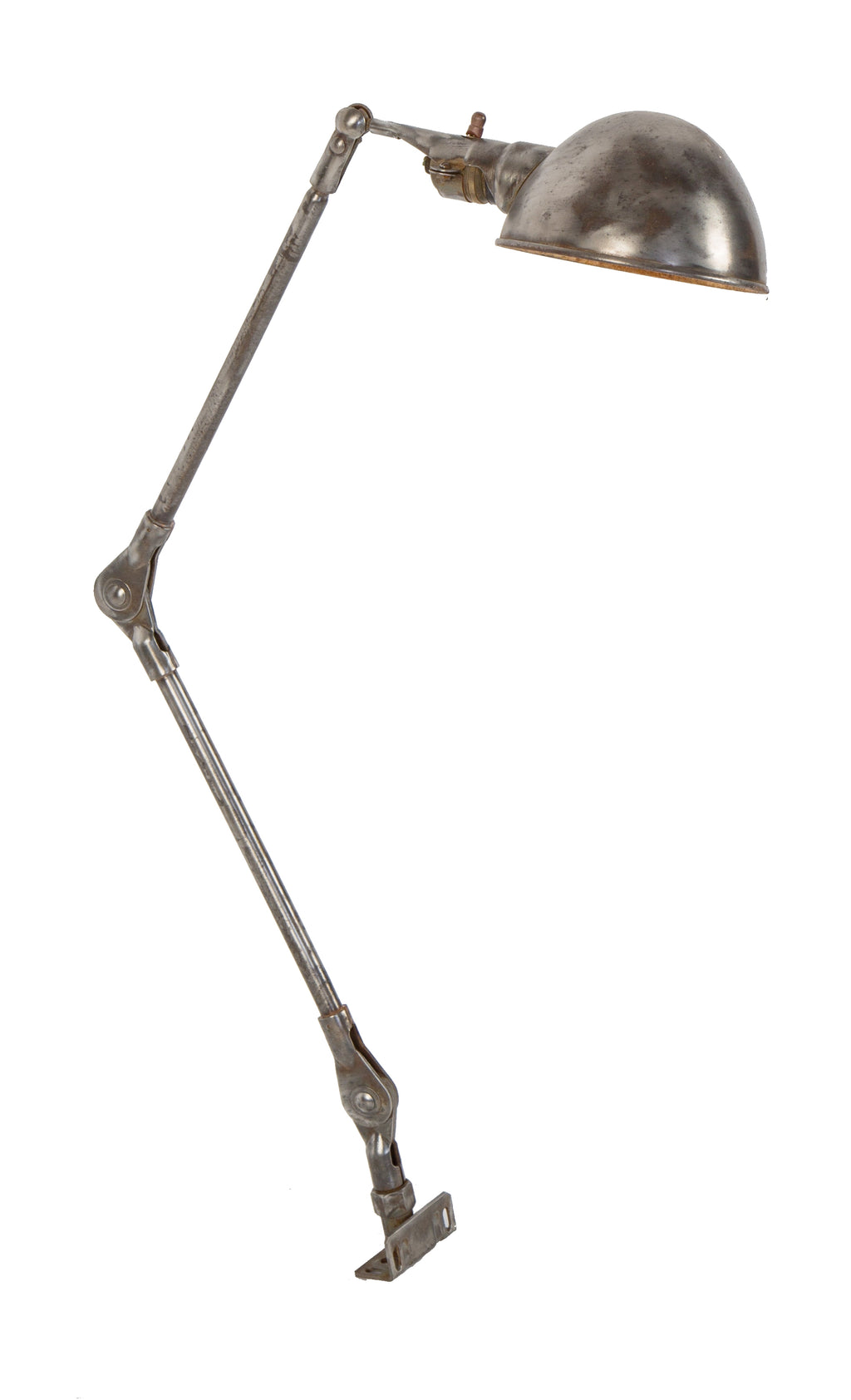 original c. 1930's american antique industrial brushed steel triple-jointed factory machine shop lamp or light with parabolic metal shade and toggle-switch socket