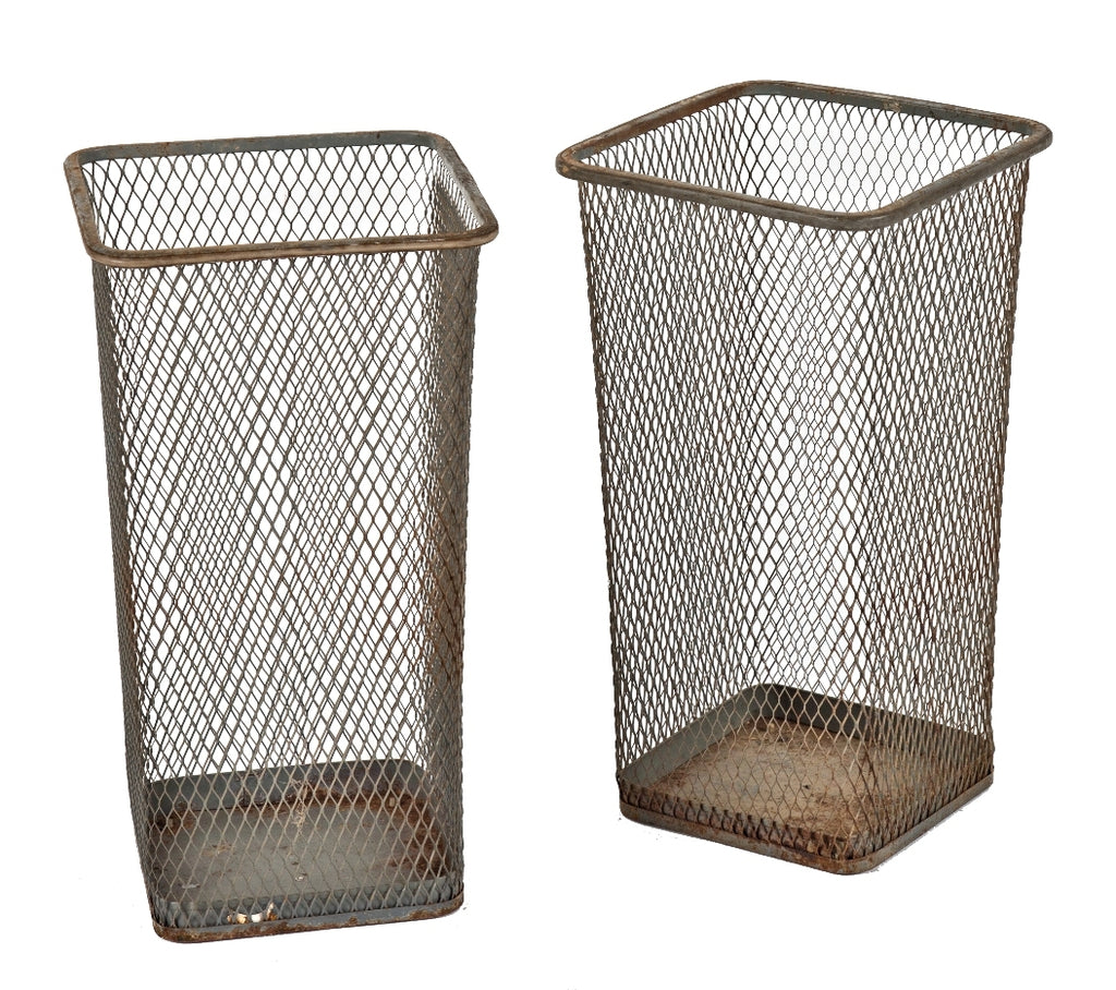 matching set of c. 1930's american salvaged chicago heavily reinforced expanded steel mesh factory office machine shop waste oversized baskets