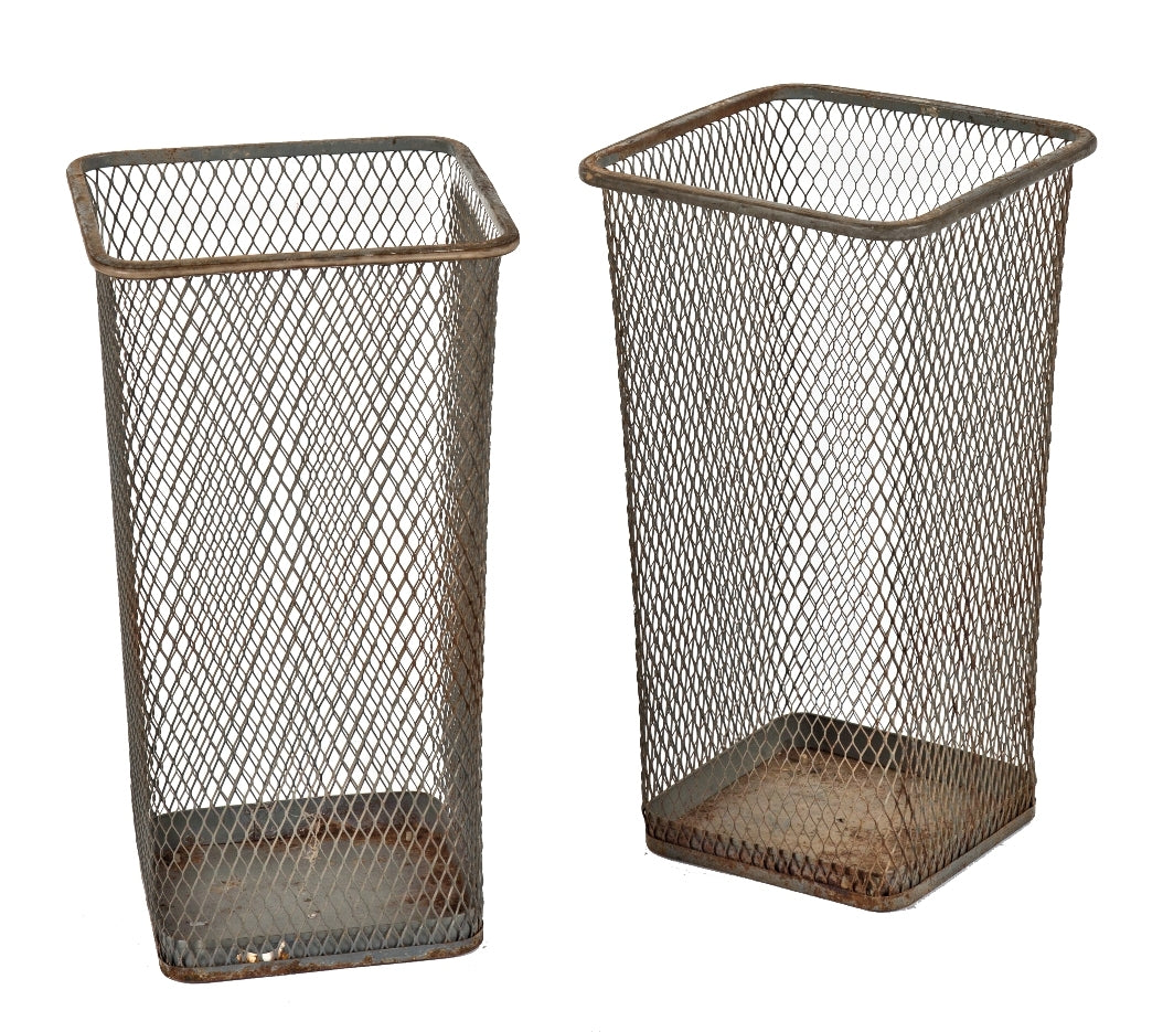matching set of c. 1930's american salvaged chicago heavily reinforced expanded steel mesh factory office machine shop waste oversized baskets