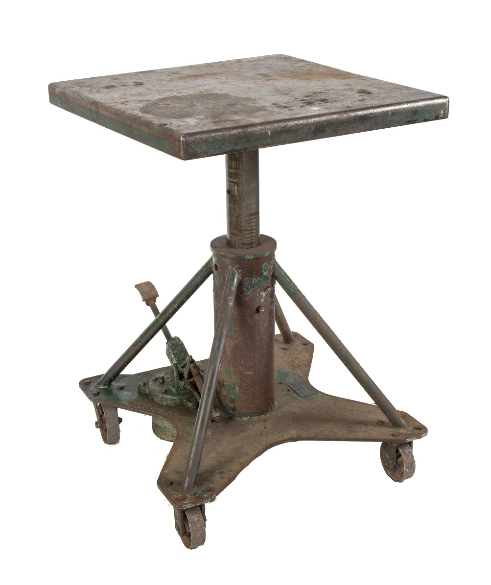 c. 1940's highly sought after all original mobile chicago factory machine shop die cart with foot pedal to raise and lower the rotating solid steel deck