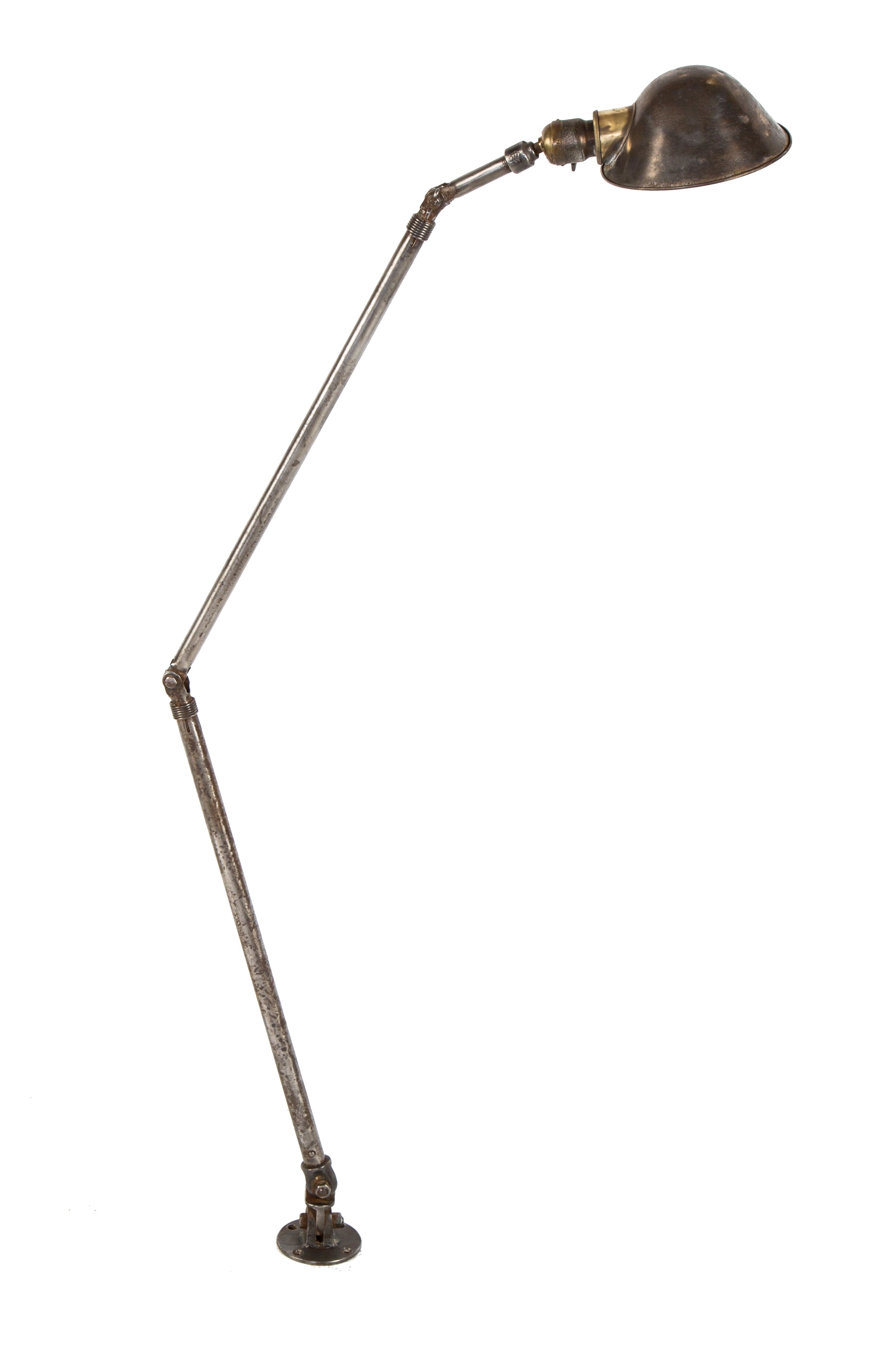 refinished c. 1930's american industrial extended tubular steel triple-jointed factory machine shop lamp or light with intact rolled rim parabolic reflector