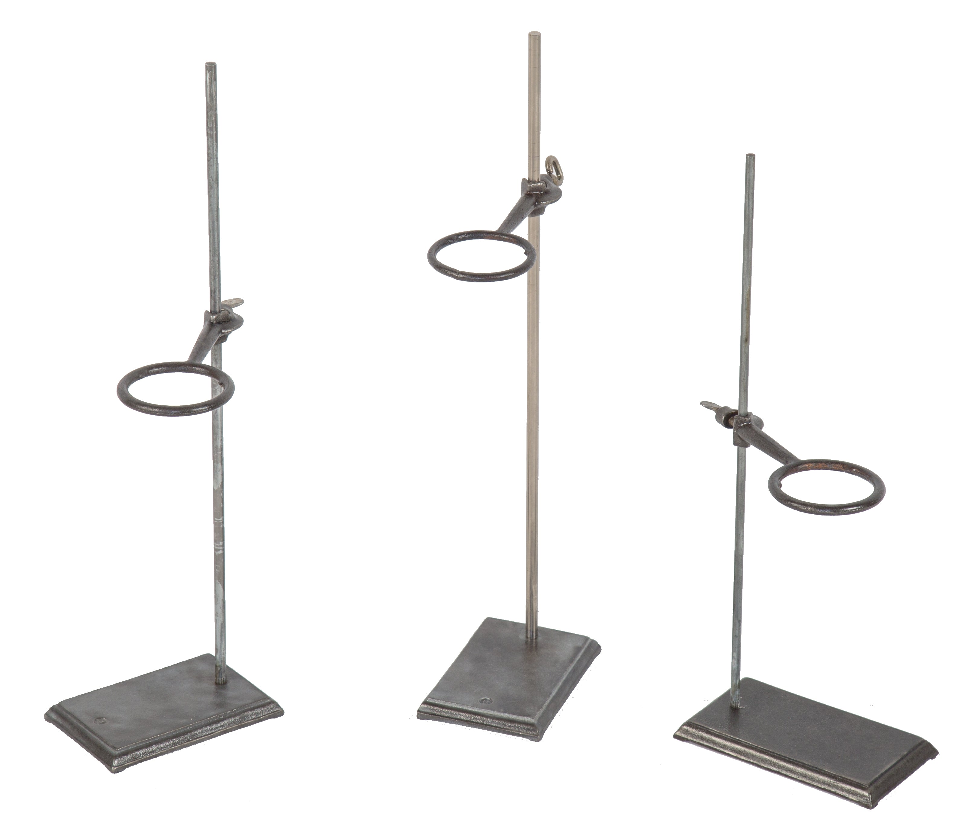 group of three matching original early 20th century antique american research laboratory research stands with adjustable and/or detachable cast iron rings